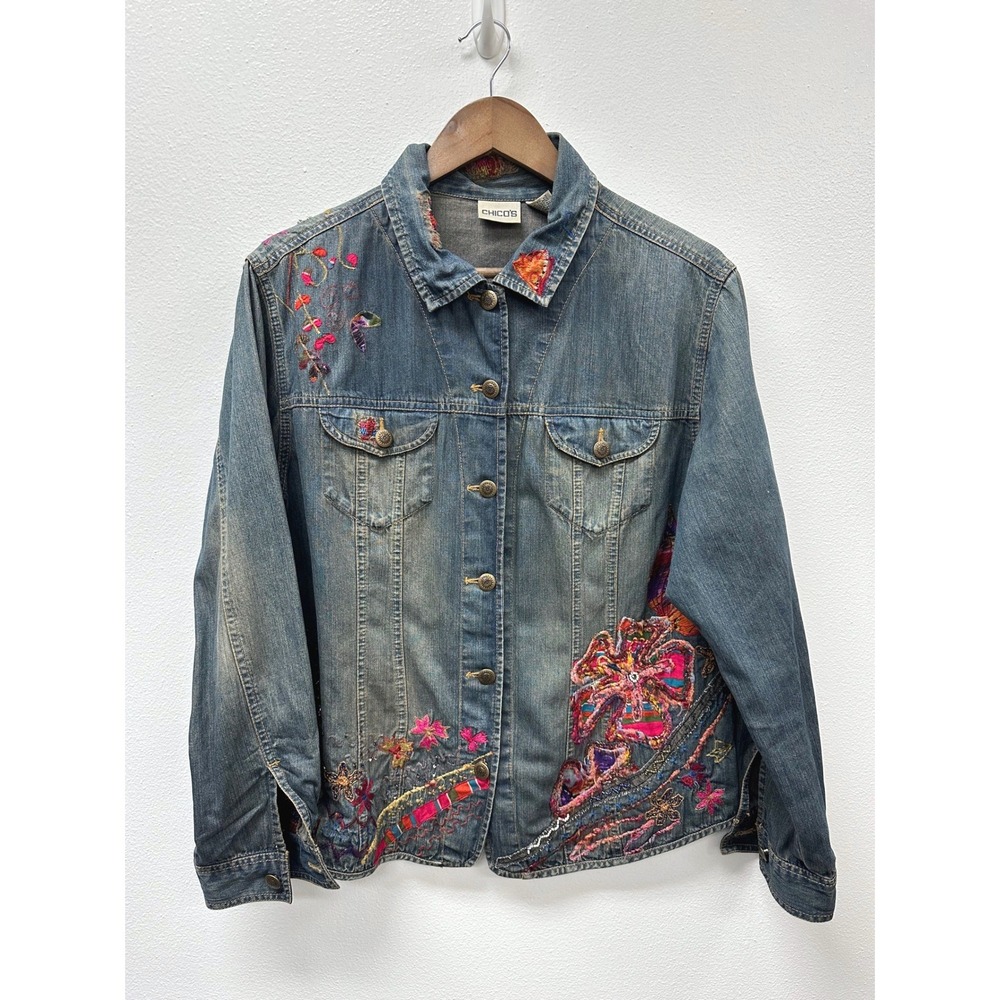 Chico's Boho Wearable Art Embroidered Beaded Denim Jean Jacket 2 - US L